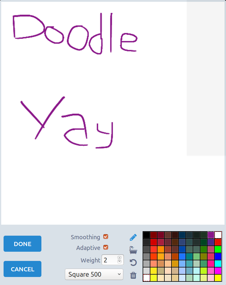 The image of the doodle window saying "Doodle, Yay"